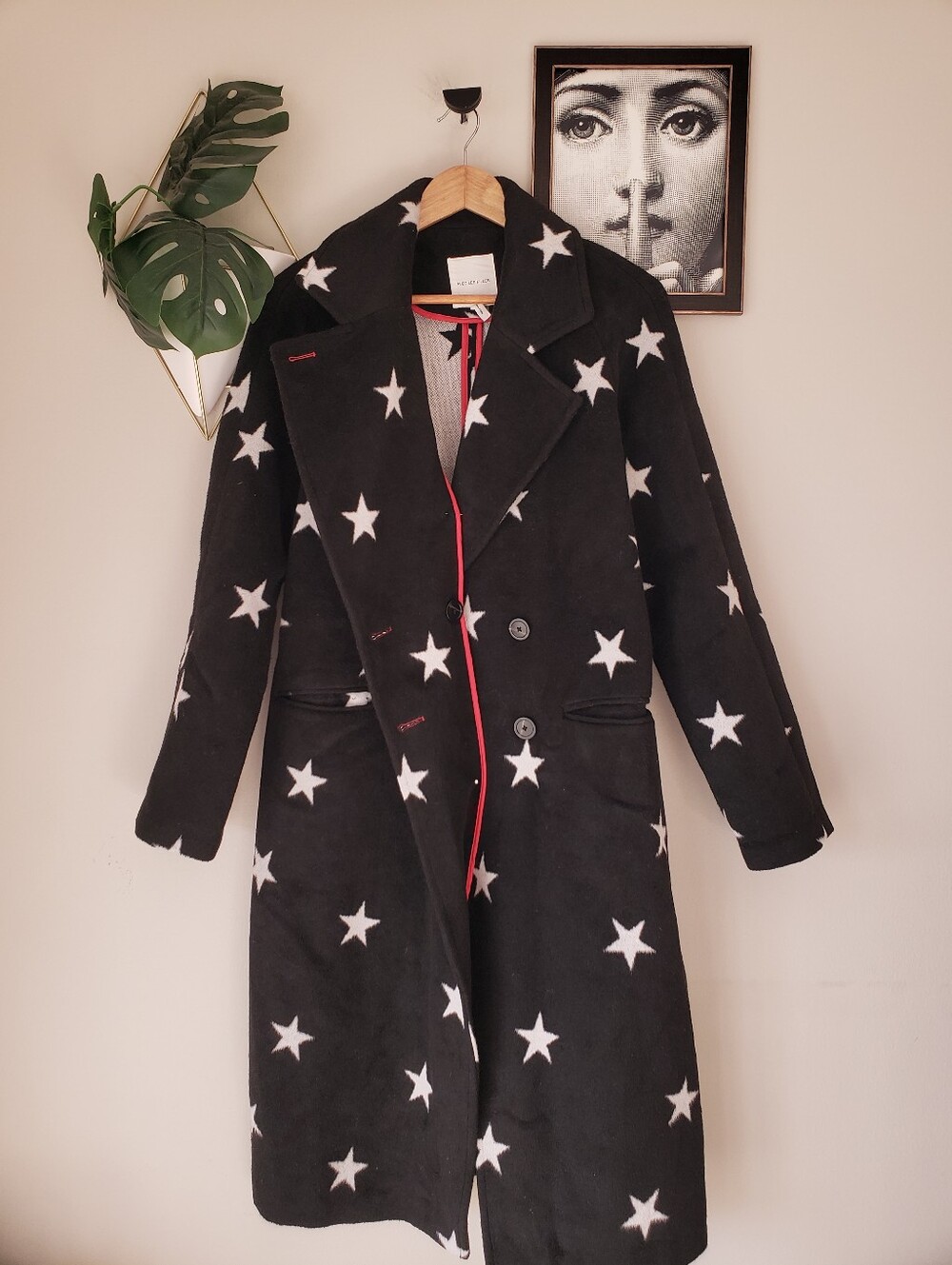 Avec Les Filles Made in France Long Wool Blend Star Coat Black White Red NWOT